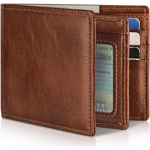 Men's Wallet Genuine Leather Bifold RFID Blocking Wallet with 1 ID, Brown